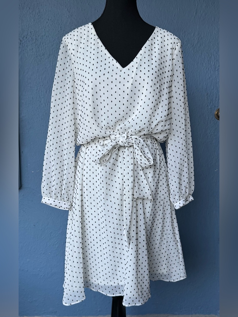 American Living White Polka Dot Long-Sleeve Tie-Waist Dress